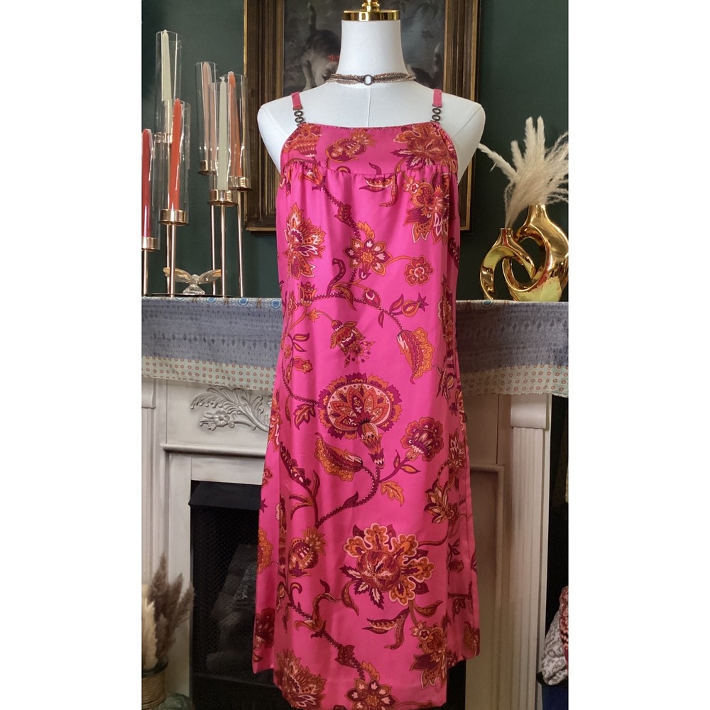 Ann Taylor Silk Pink Paisley Floral Shift Dress Metal Ring Straps Womens Size 10